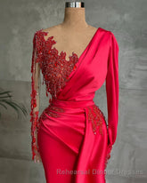 Gorgeous Red Long Sleeve Mermaid Evening Dress Lace Appliques Semi Formal Prom Gown Ruffles
